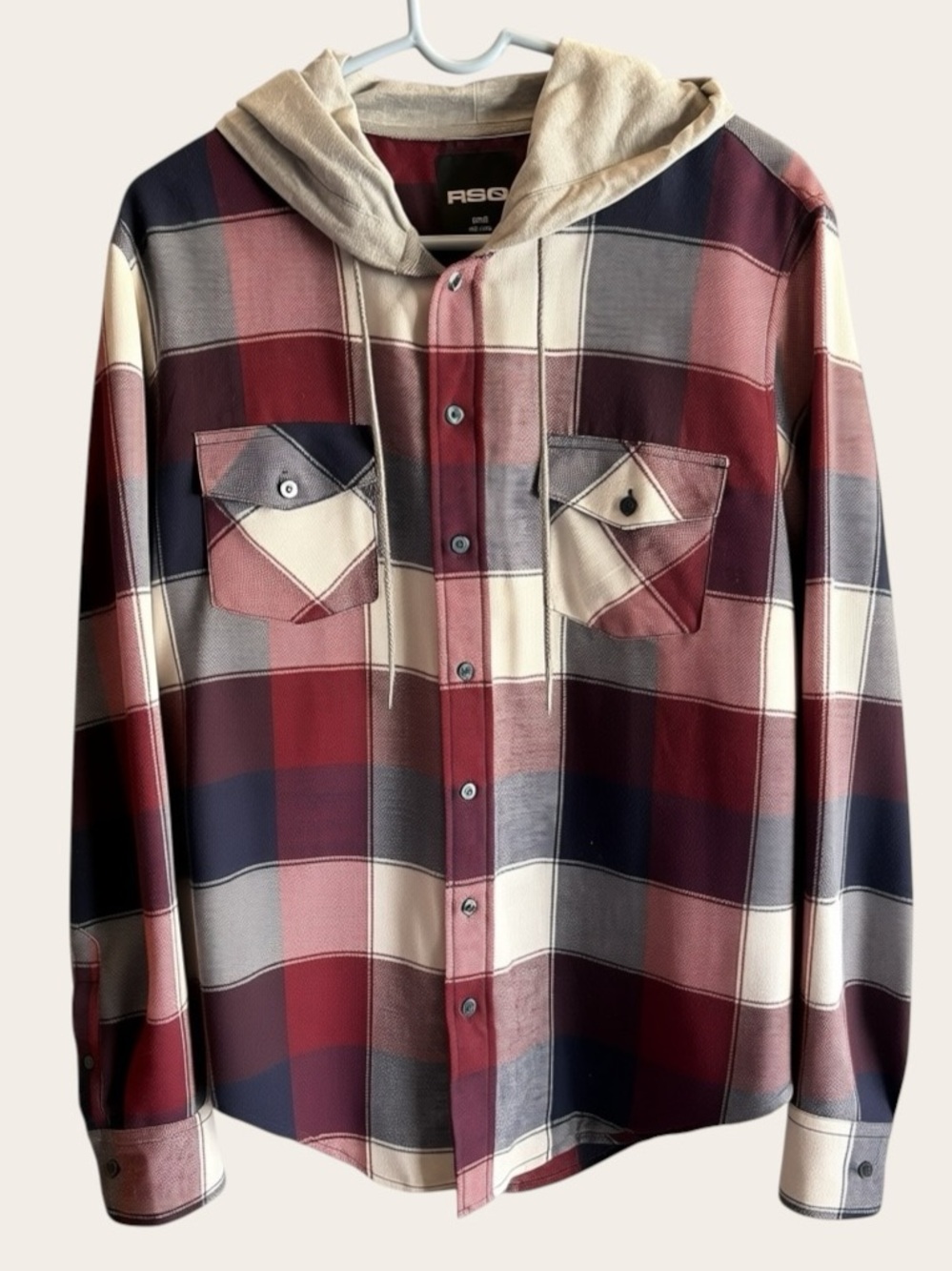 RSQ Hooded Plaid Flannel Shirt Burgundy Blue Grey Small